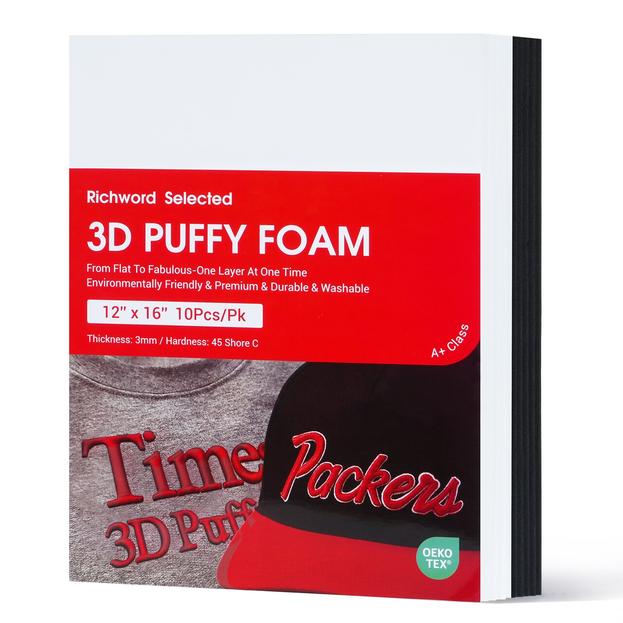 Richword Selected 3D Embroidery Puffy Foam, 3mm Thick, White & Black, 6 x 8 in and 12 x 16 in Sheets, 10PCS Each, Perfect for Caps, Hats, Jackets, Bags, Custom Logos and Garments